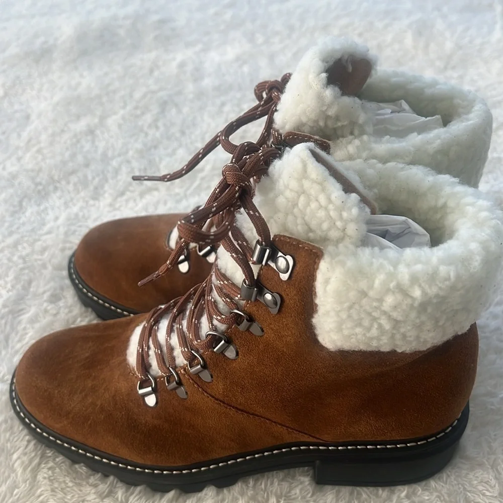 Bernardo Anthropologie Sz 7  Dasher Suede Brazil Hiking Boots Shearling Trim NWT